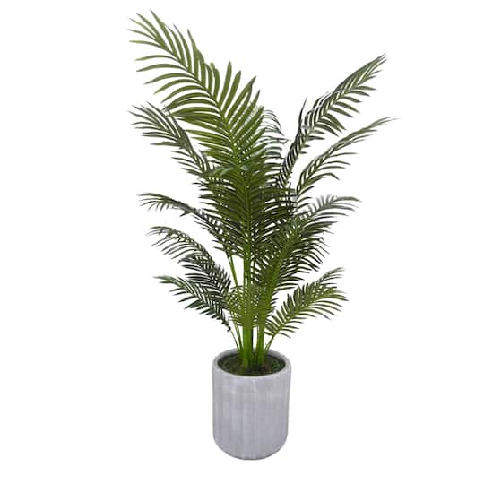 House of Silk Flowers 52" Green Faux Areca Palm in Stone Wash Gray Ribbed Ceramic Pot